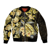 Personalised Aloha Hawaii Oahu Island Sleeve Zip Bomber Jacket Gathering Place Sea Turtle Ilima Flowers