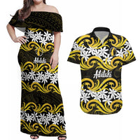 Personalised Cook Islands Aitutaki Couples Matching Off Shoulder Maxi Dress and Hawaiian Shirt Tiare Maori Polynesian Waves Tattoo