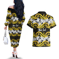 Personalised Cook Islands Aitutaki Couples Matching Off The Shoulder Long Sleeve Dress and Hawaiian Shirt Tiare Maori Polynesian Waves Tattoo