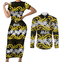 Personalised Cook Islands Aitutaki Couples Matching Short Sleeve Bodycon Dress and Long Sleeve Button Shirt Tiare Maori Polynesian Waves Tattoo