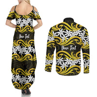 Personalised Cook Islands Aitutaki Couples Matching Summer Maxi Dress and Long Sleeve Button Shirt Tiare Maori Polynesian Waves Tattoo