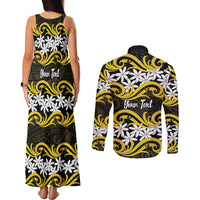 Personalised Cook Islands Aitutaki Couples Matching Tank Maxi Dress and Long Sleeve Button Shirt Tiare Maori Polynesian Waves Tattoo