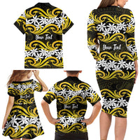 Personalised Cook Islands Aitutaki Family Matching Long Sleeve Bodycon Dress and Hawaiian Shirt Tiare Maori Polynesian Waves Tattoo