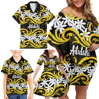 Personalised Cook Islands Aitutaki Family Matching Off Shoulder Short Dress and Hawaiian Shirt Tiare Maori Polynesian Waves Tattoo