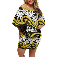 Personalised Cook Islands Aitutaki Family Matching Off Shoulder Short Dress and Hawaiian Shirt Tiare Maori Polynesian Waves Tattoo