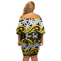 Personalised Cook Islands Aitutaki Family Matching Off Shoulder Short Dress and Hawaiian Shirt Tiare Maori Polynesian Waves Tattoo