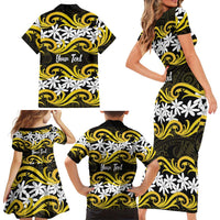 Personalised Cook Islands Aitutaki Family Matching Short Sleeve Bodycon Dress and Hawaiian Shirt Tiare Maori Polynesian Waves Tattoo