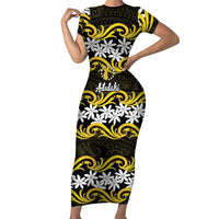 Personalised Cook Islands Aitutaki Family Matching Short Sleeve Bodycon Dress and Hawaiian Shirt Tiare Maori Polynesian Waves Tattoo