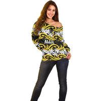 Personalised Cook Islands Aitutaki Off Shoulder Sweater Tiare Maori Polynesian Waves Tattoo