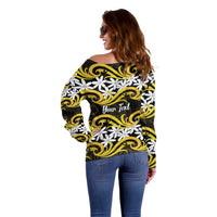 Personalised Cook Islands Aitutaki Off Shoulder Sweater Tiare Maori Polynesian Waves Tattoo