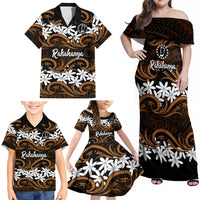 Personalised Cook Islands Rakahanga Family Matching Off Shoulder Maxi Dress and Hawaiian Shirt Tiare Maori Polynesian Waves Tattoo