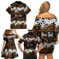 Personalised Cook Islands Rakahanga Family Matching Off Shoulder Short Dress and Hawaiian Shirt Tiare Maori Polynesian Waves Tattoo