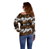 Personalised Cook Islands Rakahanga Off Shoulder Sweater Tiare Maori Polynesian Waves Tattoo
