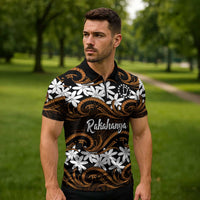 Personalised Cook Islands Rakahanga Zipper Polo Shirt Tiare Maori Polynesian Waves Tattoo