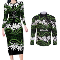 Personalised Cook Islands Palmerston Couples Matching Long Sleeve Bodycon Dress and Long Sleeve Button Shirt Tiare Maori Polynesian Waves Tattoo