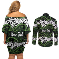 Personalised Cook Islands Palmerston Couples Matching Off Shoulder Short Dress and Long Sleeve Button Shirt Tiare Maori Polynesian Waves Tattoo