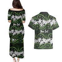 Personalised Cook Islands Palmerston Couples Matching Puletasi and Hawaiian Shirt Tiare Maori Polynesian Waves Tattoo