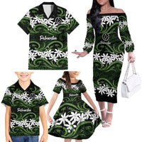 Personalised Cook Islands Palmerston Family Matching Off The Shoulder Long Sleeve Dress and Hawaiian Shirt Tiare Maori Polynesian Waves Tattoo