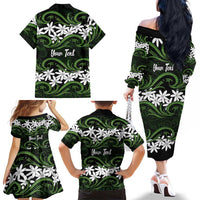 Personalised Cook Islands Palmerston Family Matching Off The Shoulder Long Sleeve Dress and Hawaiian Shirt Tiare Maori Polynesian Waves Tattoo