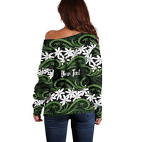 Personalised Cook Islands Palmerston Off Shoulder Sweater Tiare Maori Polynesian Waves Tattoo