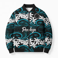 Personalised Cook Islands Penrhyn Atoll Bomber Puffer Jacket Tiare Maori Polynesian Waves Tattoo