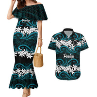 Personalised Cook Islands Penrhyn Atoll Couples Matching Mermaid Dress and Hawaiian Shirt Tiare Maori Polynesian Waves Tattoo