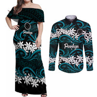 Personalised Cook Islands Penrhyn Atoll Couples Matching Off Shoulder Maxi Dress and Long Sleeve Button Shirt Tiare Maori Polynesian Waves Tattoo
