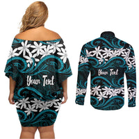 Personalised Cook Islands Penrhyn Atoll Couples Matching Off Shoulder Short Dress and Long Sleeve Button Shirt Tiare Maori Polynesian Waves Tattoo