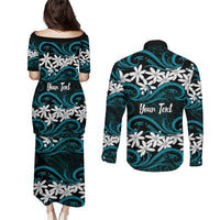 Personalised Cook Islands Penrhyn Atoll Couples Matching Puletasi and Long Sleeve Button Shirt Tiare Maori Polynesian Waves Tattoo