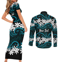 Personalised Cook Islands Penrhyn Atoll Couples Matching Short Sleeve Bodycon Dress and Long Sleeve Button Shirt Tiare Maori Polynesian Waves Tattoo