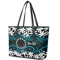 Personalised Cook Islands Penrhyn Atoll Leather Tote Bag Tiare Maori Polynesian Waves Tattoo
