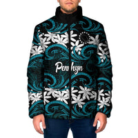 Personalised Cook Islands Penrhyn Atoll Padded Jacket Tiare Maori Polynesian Waves Tattoo LT14 Men Blue - Polynesian Pride