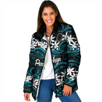 Personalised Cook Islands Penrhyn Atoll Padded Jacket Tiare Maori Polynesian Waves Tattoo LT14 Women Blue - Polynesian Pride