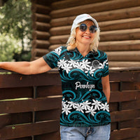 Personalised Cook Islands Penrhyn Atoll Women Polo Shirt Tiare Maori Polynesian Waves Tattoo