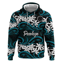 Personalised Cook Islands Penrhyn Atoll Zip Hoodie Tiare Maori Polynesian Waves Tattoo