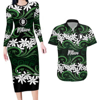 Personalised Cook Islands Mitiaro Couples Matching Long Sleeve Bodycon Dress and Hawaiian Shirt Tiare Maori Polynesian Waves Tattoo