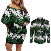 Personalised Cook Islands Mitiaro Couples Matching Off Shoulder Short Dress and Long Sleeve Button Shirt Tiare Maori Polynesian Waves Tattoo