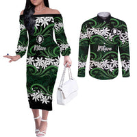 Personalised Cook Islands Mitiaro Couples Matching Off The Shoulder Long Sleeve Dress and Long Sleeve Button Shirt Tiare Maori Polynesian Waves Tattoo