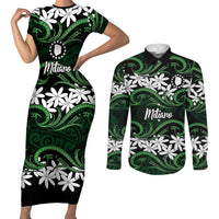 Personalised Cook Islands Mitiaro Couples Matching Short Sleeve Bodycon Dress and Long Sleeve Button Shirt Tiare Maori Polynesian Waves Tattoo