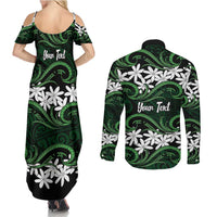 Personalised Cook Islands Mitiaro Couples Matching Summer Maxi Dress and Long Sleeve Button Shirt Tiare Maori Polynesian Waves Tattoo