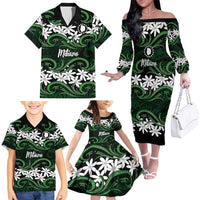 Personalised Cook Islands Mitiaro Family Matching Off The Shoulder Long Sleeve Dress and Hawaiian Shirt Tiare Maori Polynesian Waves Tattoo
