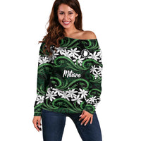 Personalised Cook Islands Mitiaro Off Shoulder Sweater Tiare Maori Polynesian Waves Tattoo LT14 Women Green - Polynesian Pride