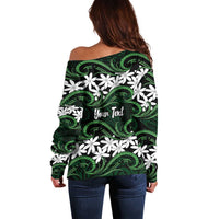 Personalised Cook Islands Mitiaro Off Shoulder Sweater Tiare Maori Polynesian Waves Tattoo LT14 - Polynesian Pride