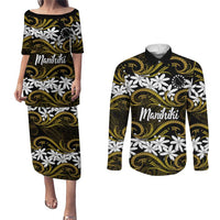 Personalised Cook Islands Manihiki Couples Matching Puletasi and Long Sleeve Button Shirt Tiare Maori Polynesian Waves Tattoo