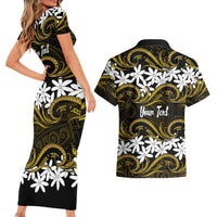 Personalised Cook Islands Manihiki Couples Matching Short Sleeve Bodycon Dress and Hawaiian Shirt Tiare Maori Polynesian Waves Tattoo