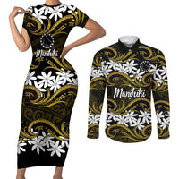 Personalised Cook Islands Manihiki Couples Matching Short Sleeve Bodycon Dress and Long Sleeve Button Shirt Tiare Maori Polynesian Waves Tattoo