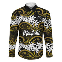 Personalised Cook Islands Manihiki Family Matching Short Sleeve Bodycon Dress and Hawaiian Shirt Tiare Maori Polynesian Waves Tattoo LT14 Dad's Shirt - Long Sleeve Gold - Polynesian Pride