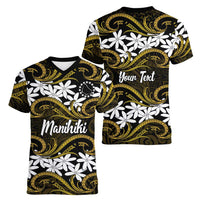Personalised Cook Islands Manihiki Women V-Neck T-Shirt Tiare Maori Polynesian Waves Tattoo