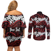 Personalised Cook Islands Atiu Enuamanu Couples Matching Off Shoulder Short Dress and Long Sleeve Button Shirt Tiare Maori Polynesian Waves Tattoo