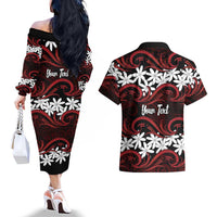 Personalised Cook Islands Atiu Enuamanu Couples Matching Off The Shoulder Long Sleeve Dress and Hawaiian Shirt Tiare Maori Polynesian Waves Tattoo